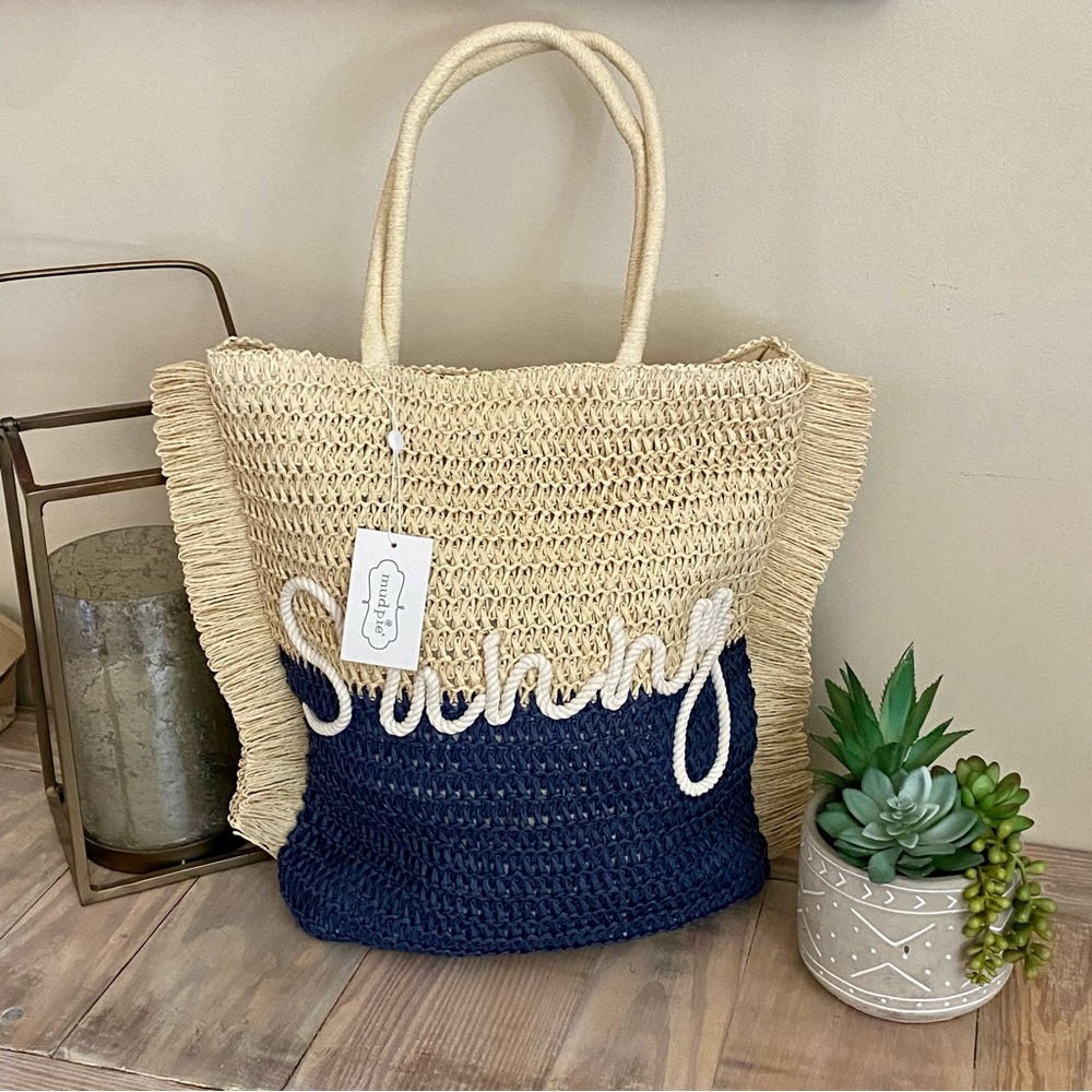 Mud Pie Tan & Navy Color Block Beach Tote🏖